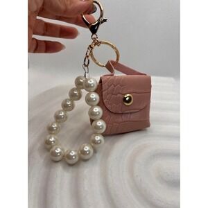NWT‎ Mini Purse Keychain Pink Faux Leather with Pearl Handle, Coin Holder